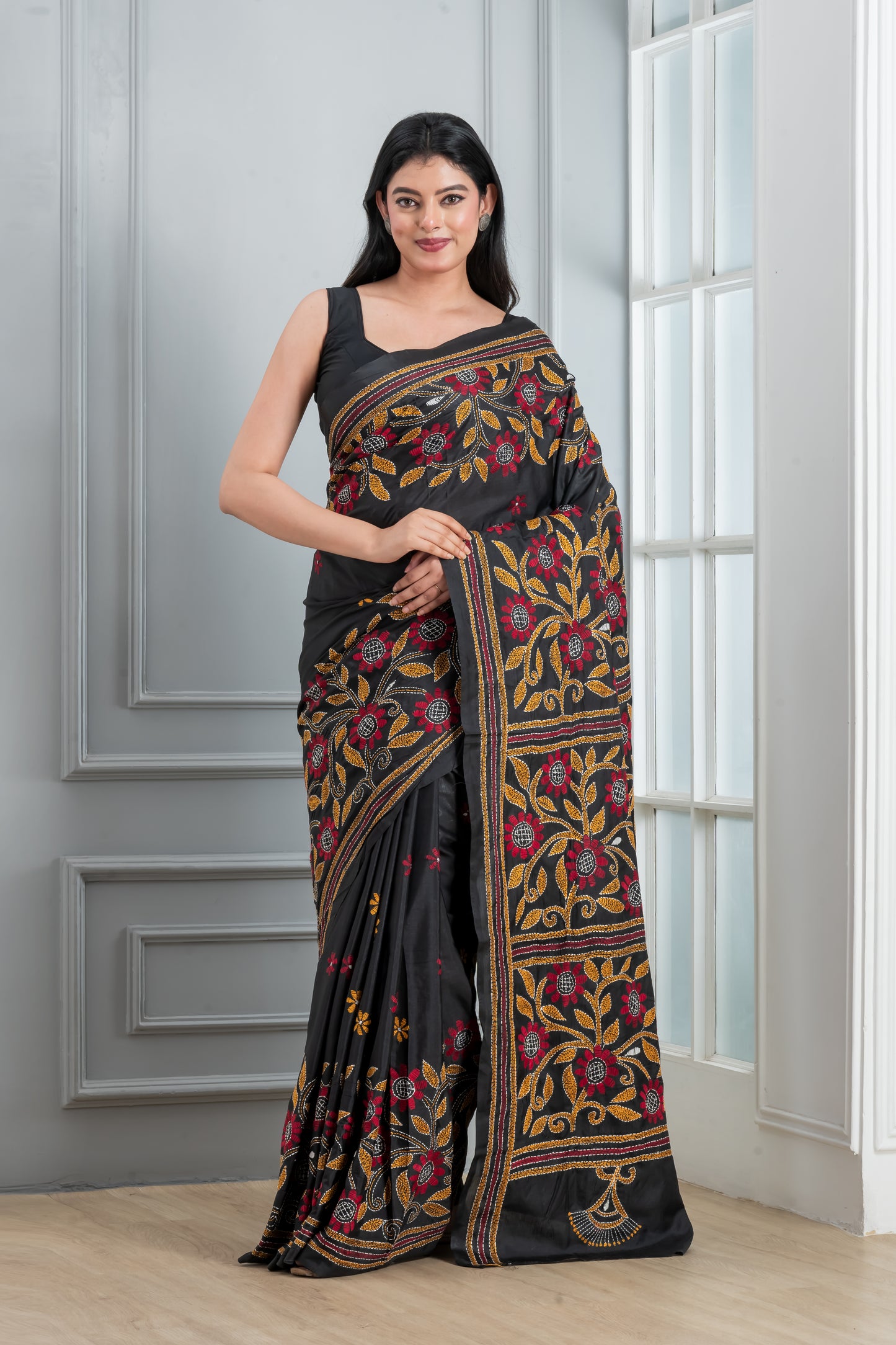 Black Hand Kantha Saree