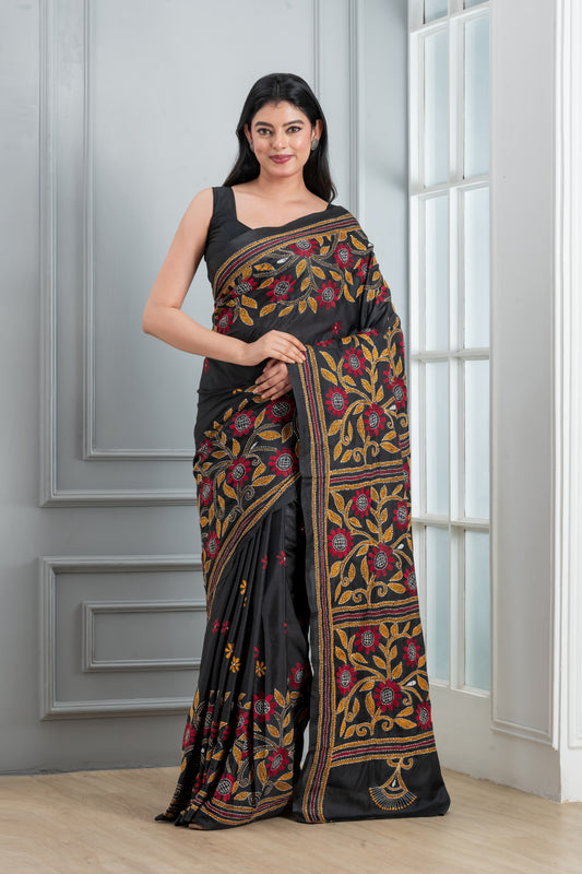 Black Hand Kantha Saree