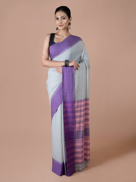 Grey and Mauve Handwoven Dhanekhali Cotton Saree