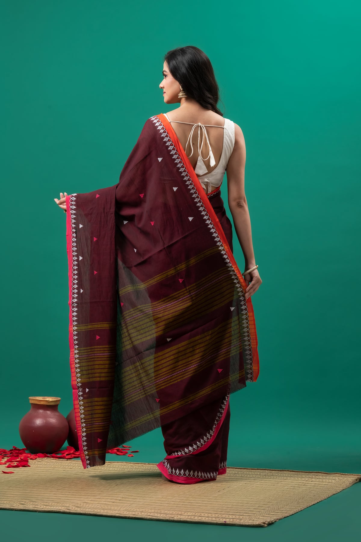Dark Maroon Dhanekhali pure cotton saree