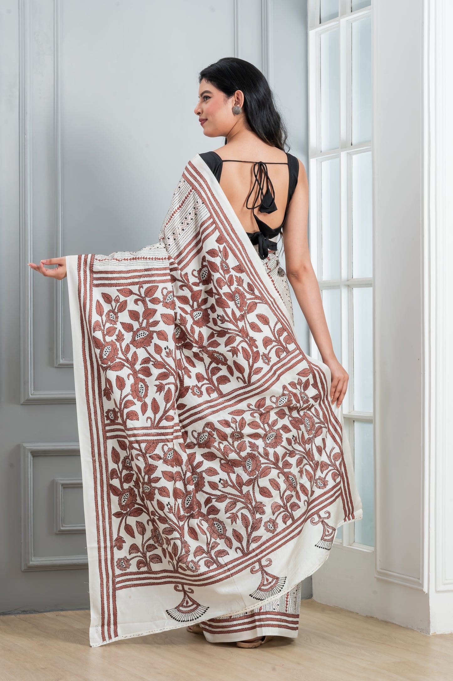 Kantha stitch saree white