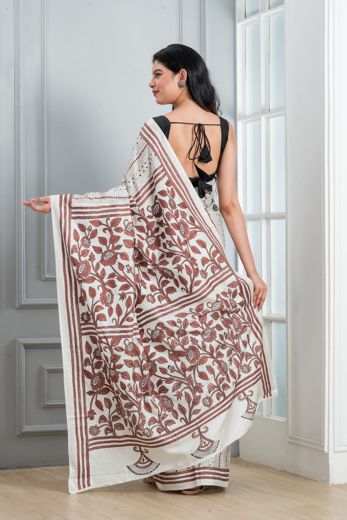 Kantha stitch saree white