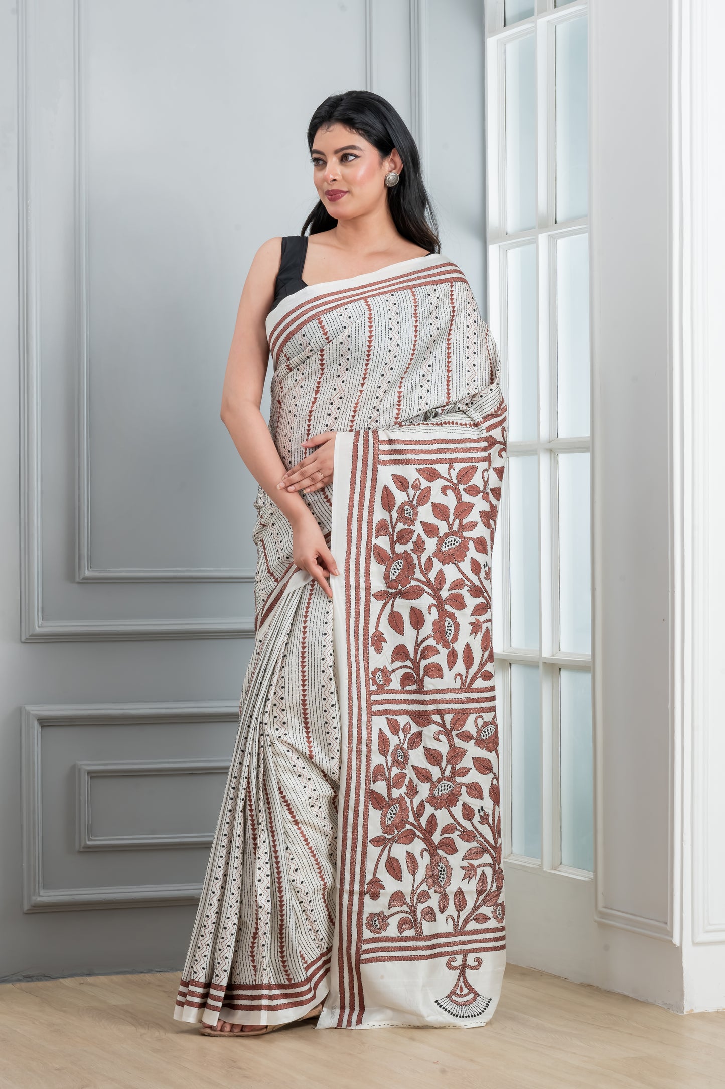 Kantha stitch saree white