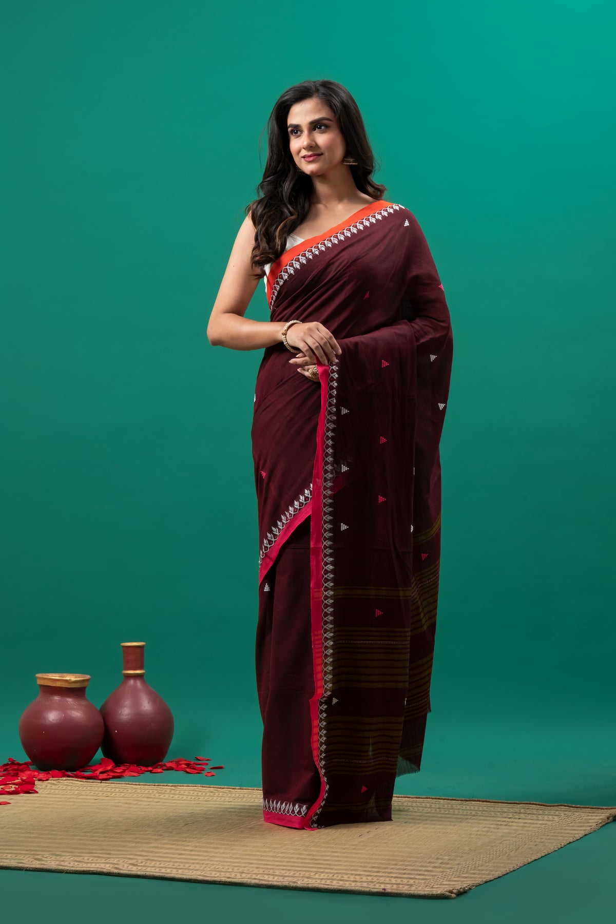Dark Maroon Dhanekhali pure cotton saree