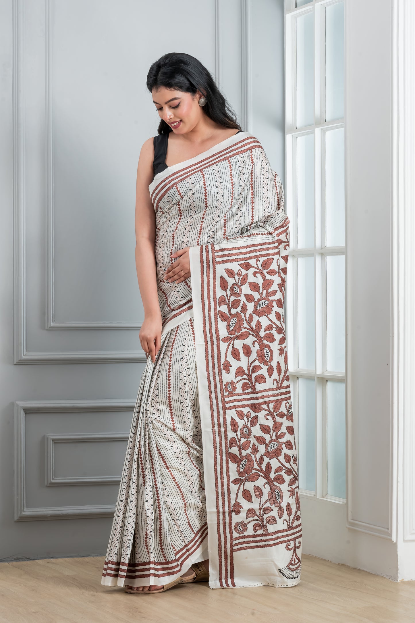 Kantha stitch saree white