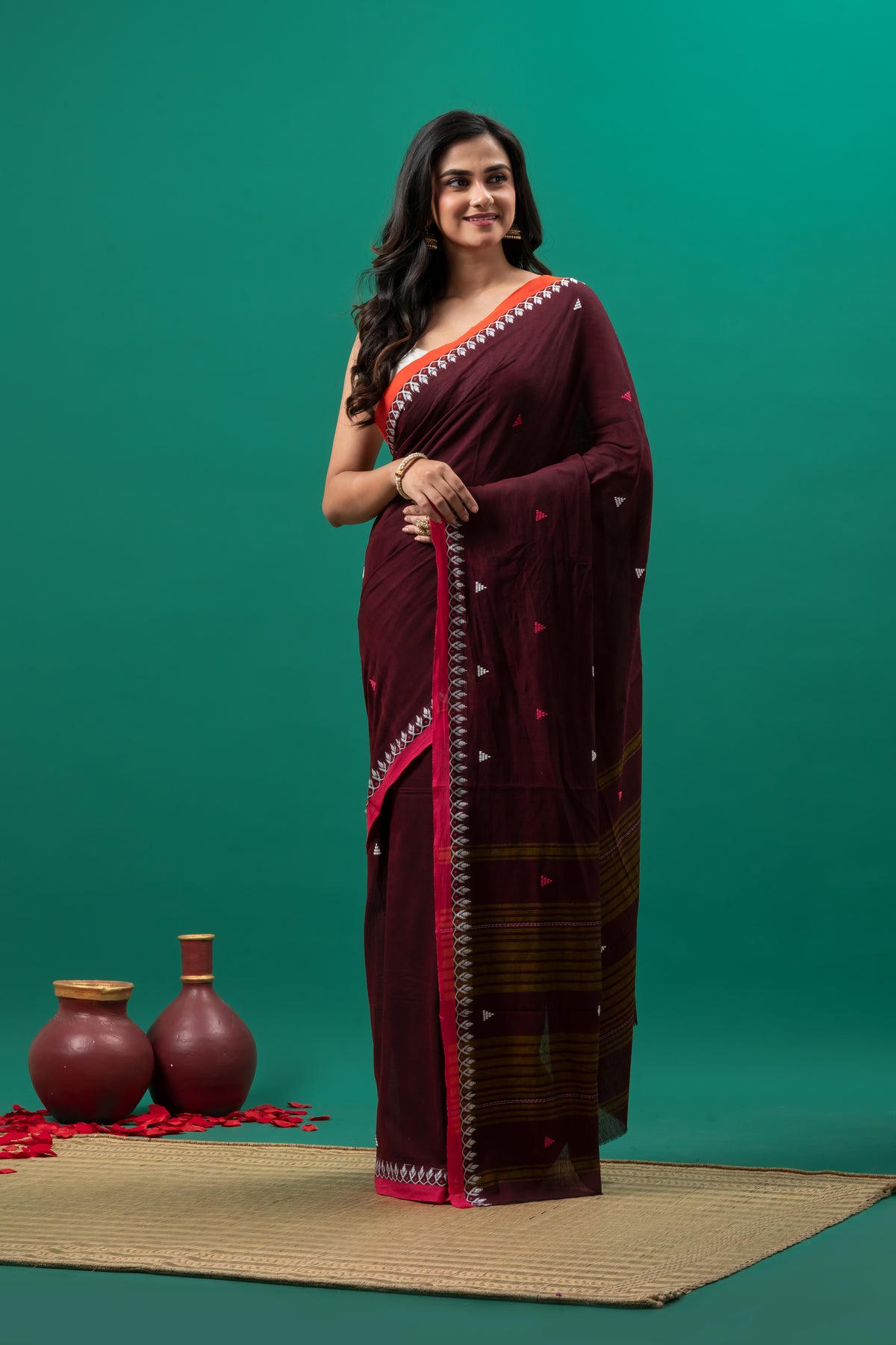 Dark Maroon Dhanekhali pure cotton saree