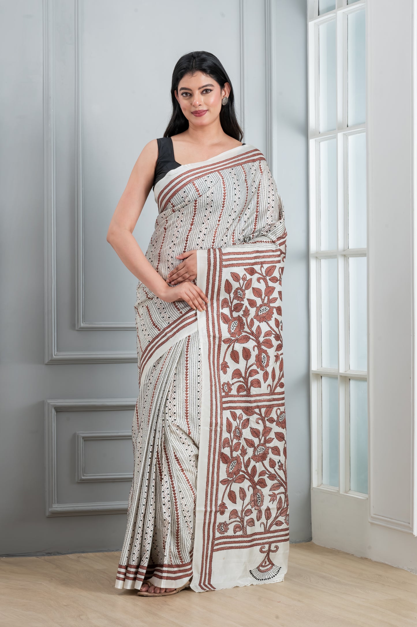 Kantha stitch saree white