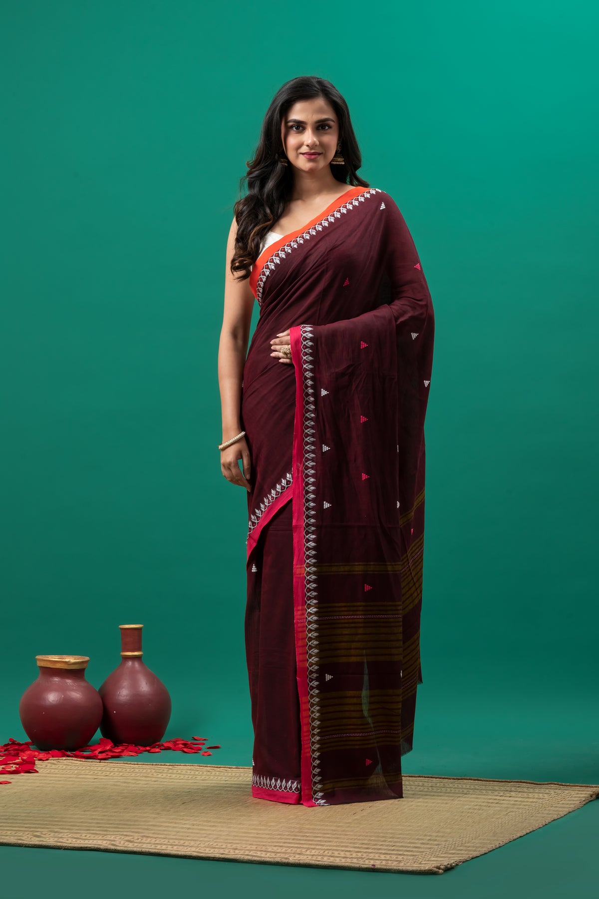 Dark Maroon Dhanekhali pure cotton saree