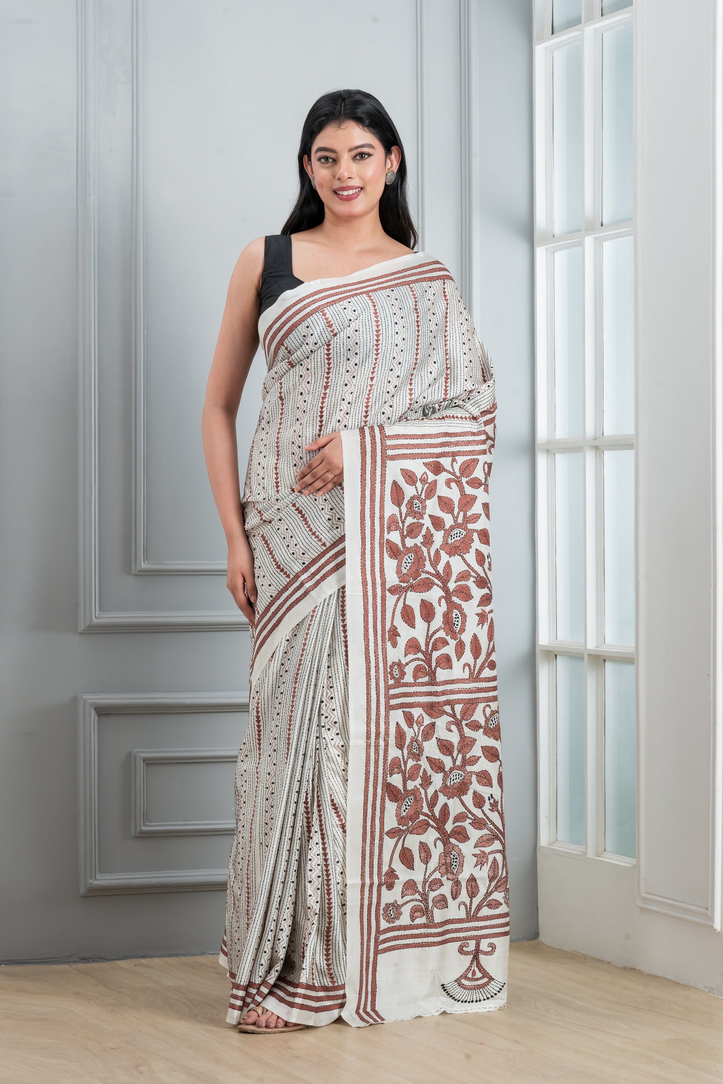 Kantha stitch saree white