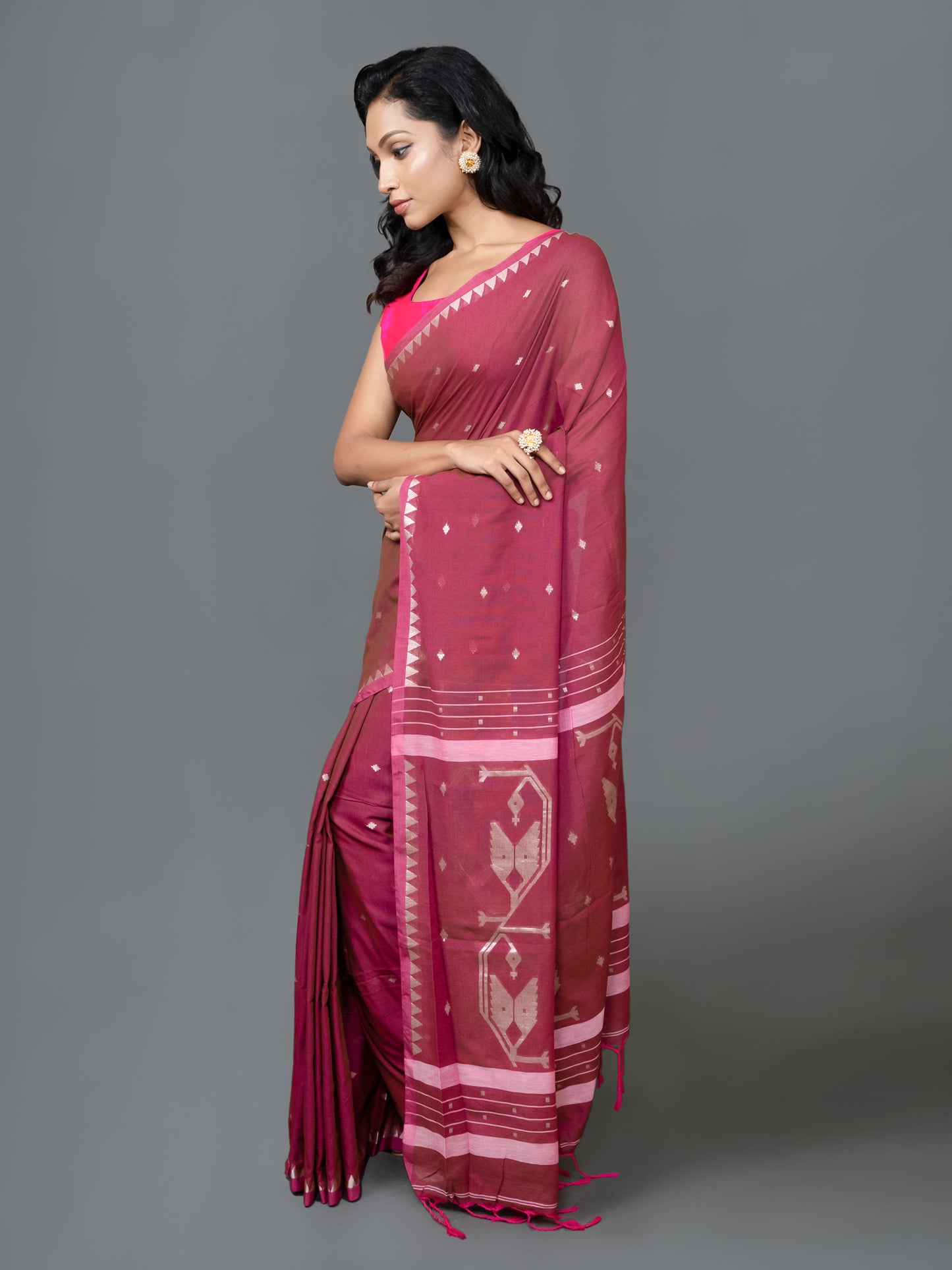 Red Wine Hazar Buti Jamdani Saree