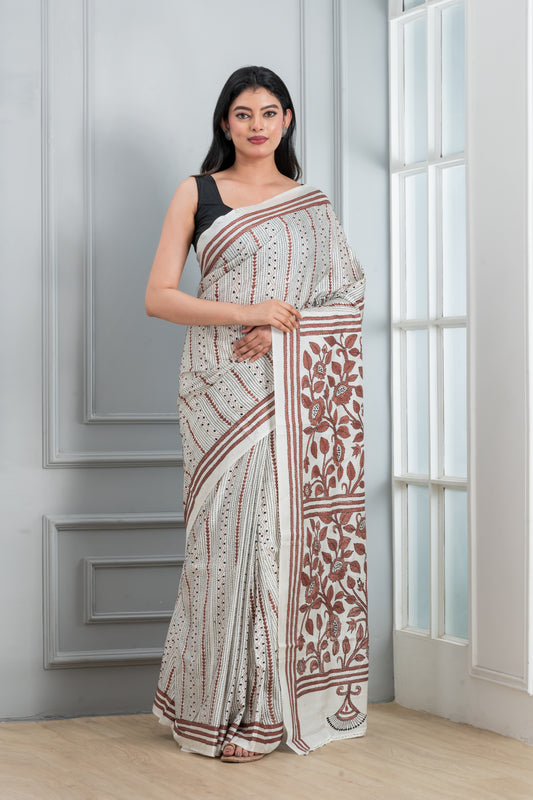 Kantha stitch saree white