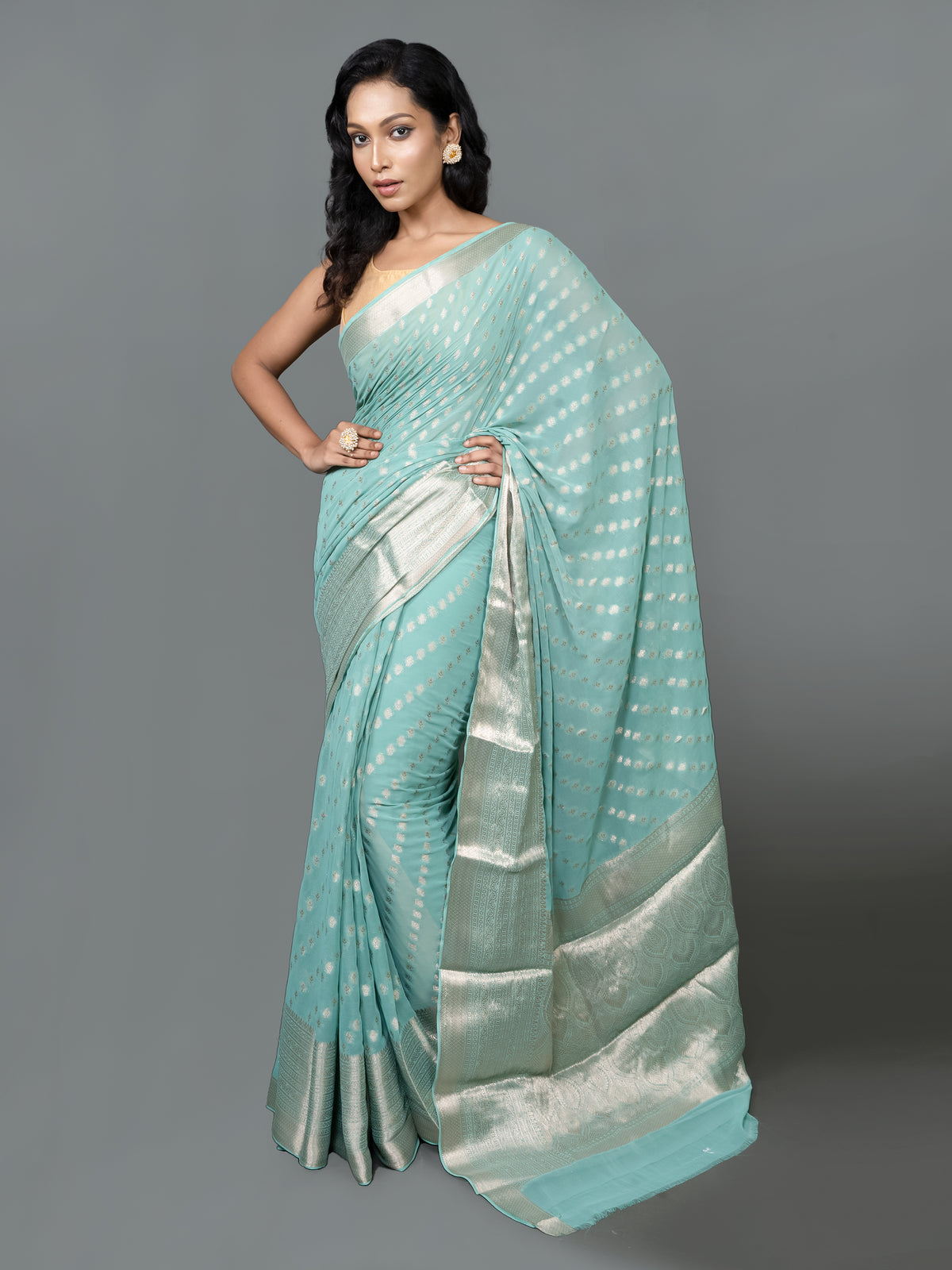 Whispering Blue Fancy Chiffon Benarasi Saree