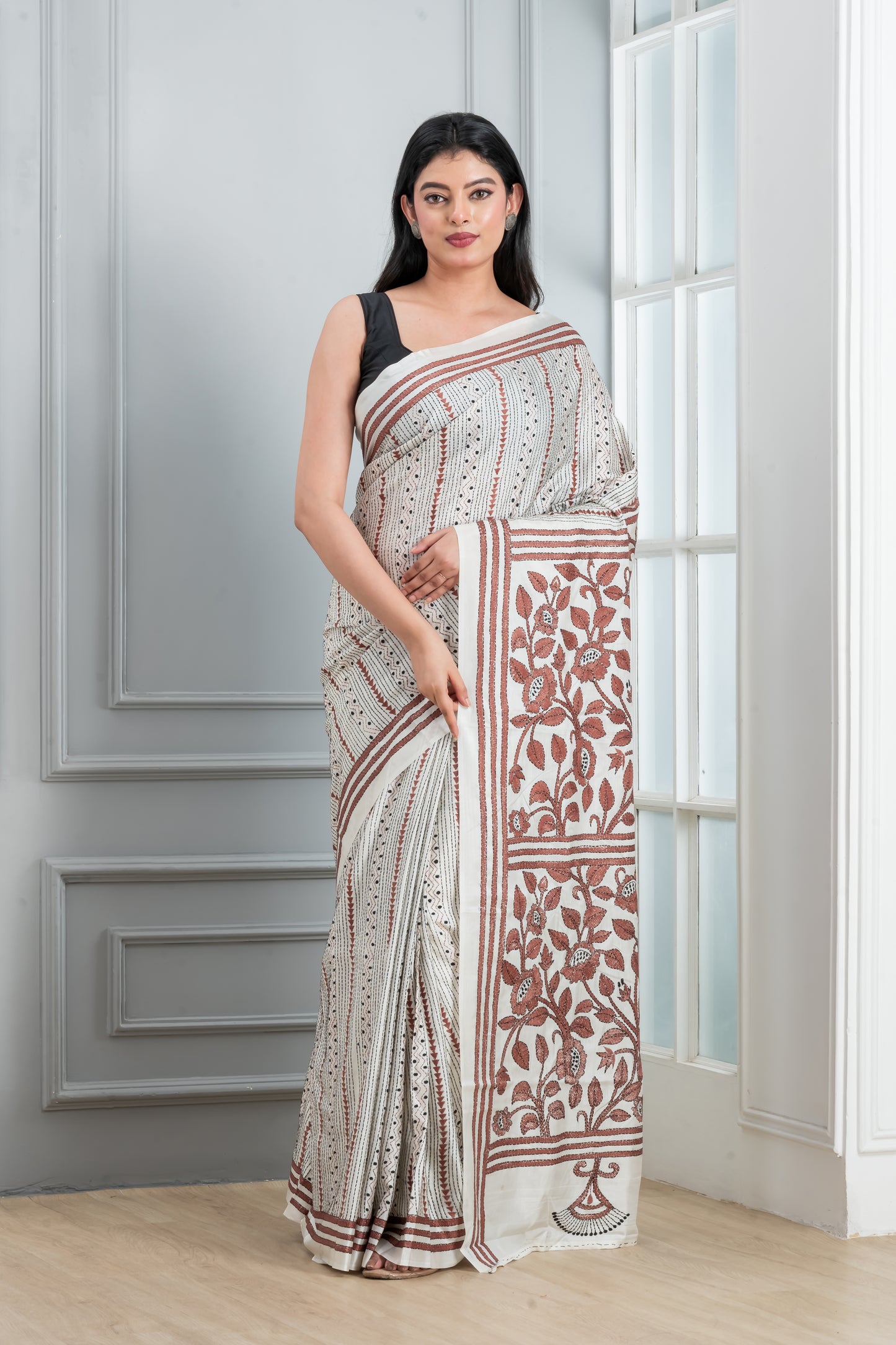 Kantha stitch saree white