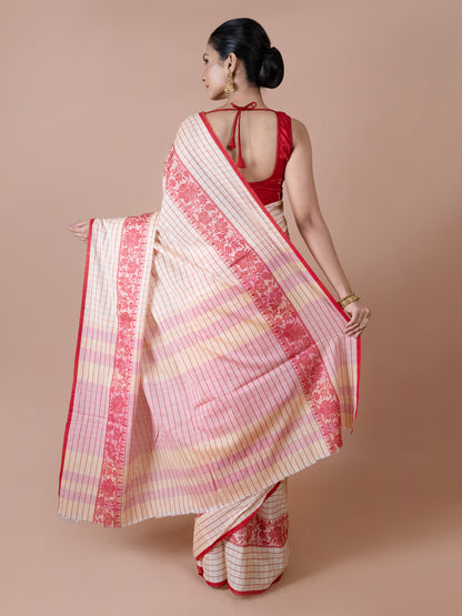 Off white & Red Dhonekhali Saree