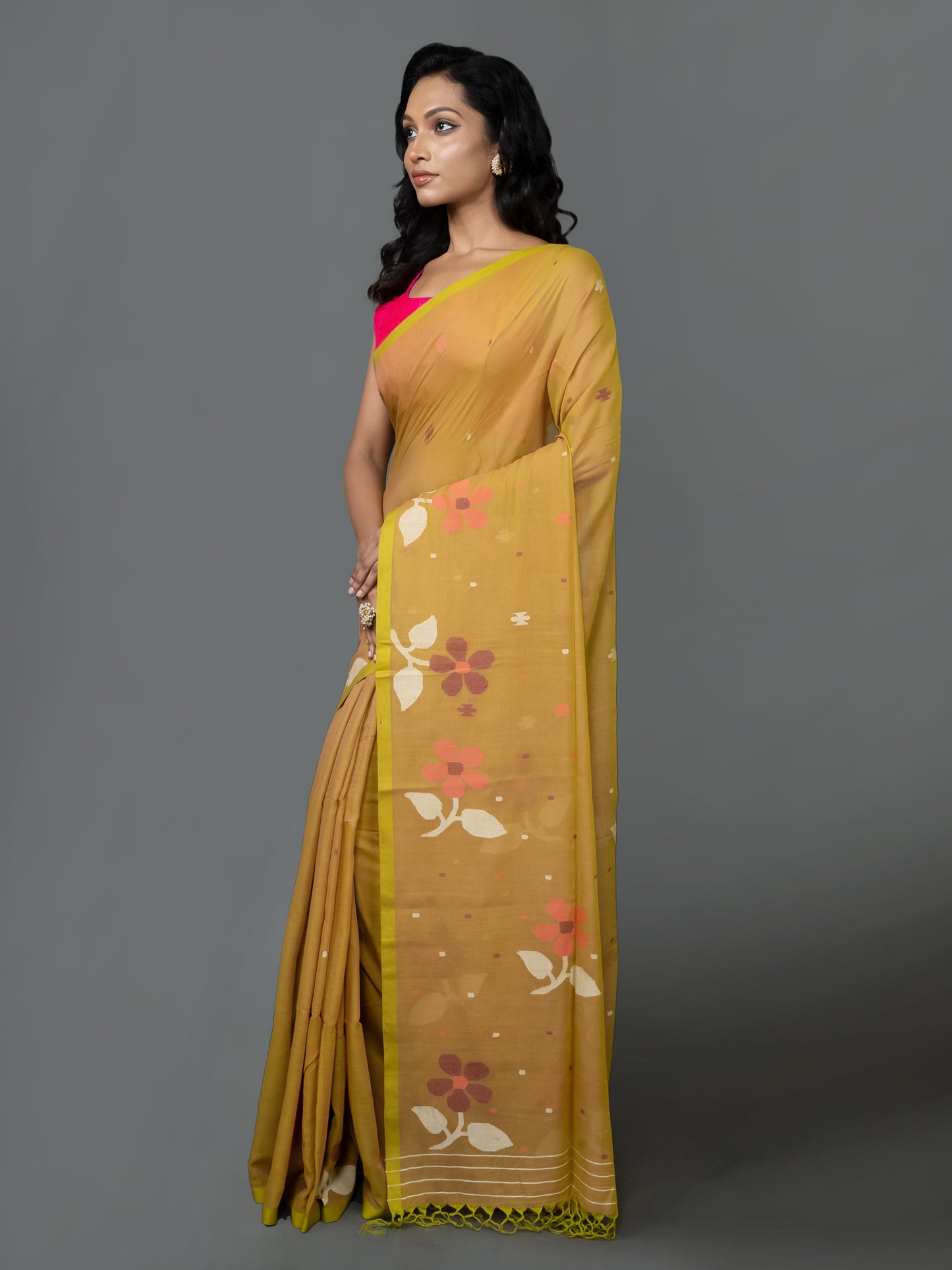 Olive Green Cotton Jamdani Saree
