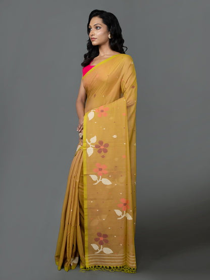 Olive Green Cotton Jamdani Saree