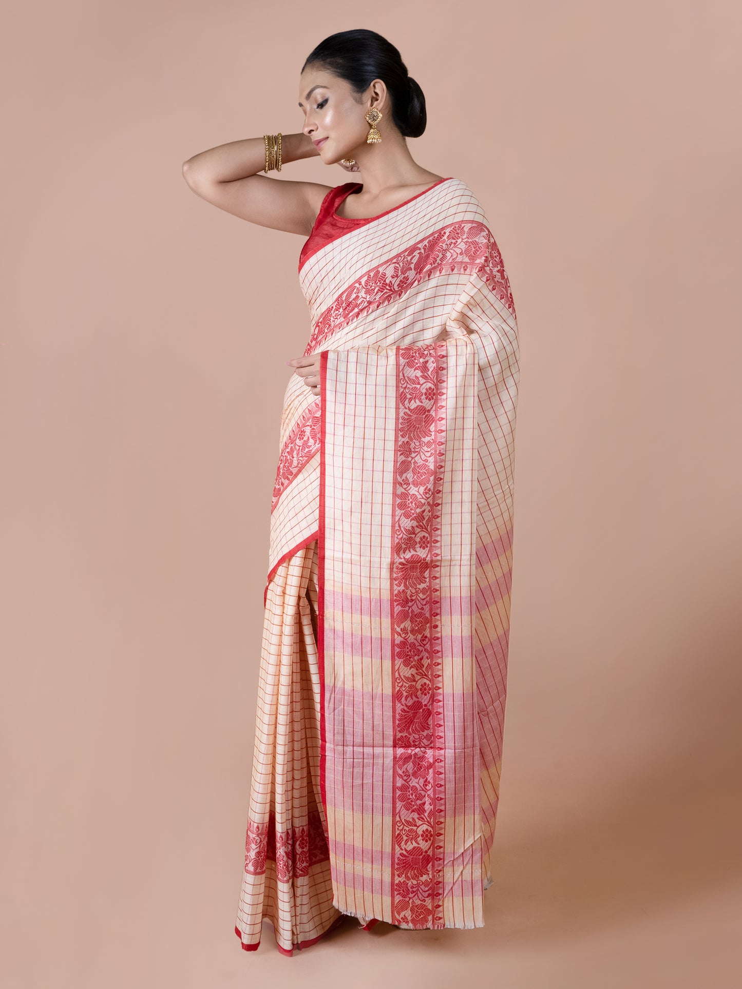 Off white & Red Dhonekhali Saree