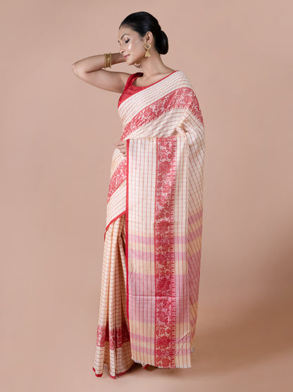 Off white & Red Dhonekhali Saree