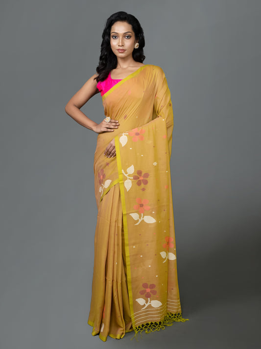 Olive Green Cotton Jamdani Saree