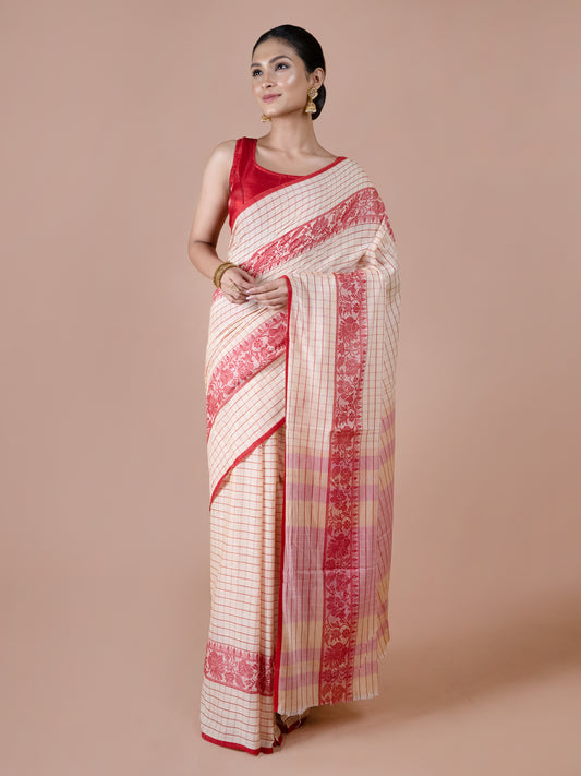 Off white & Red Dhonekhali Saree