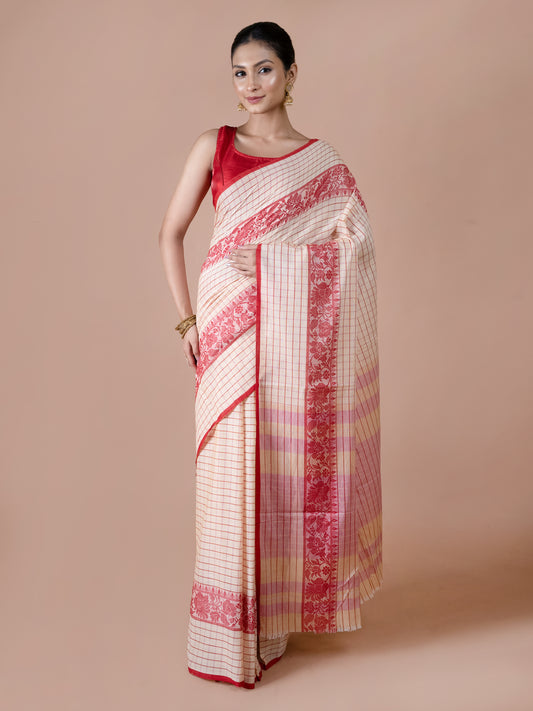 Off white & Red Dhonekhali Saree