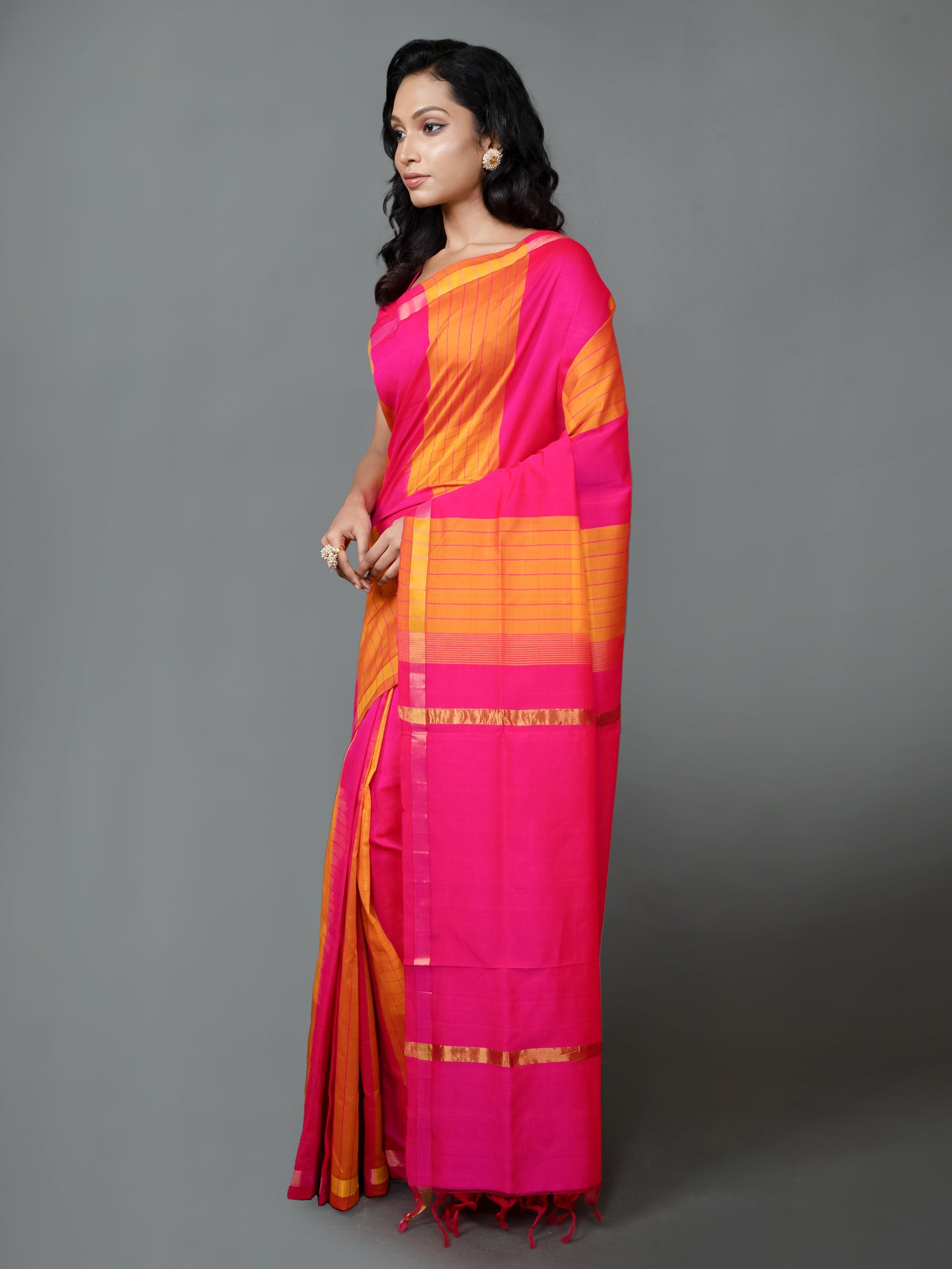 Pink and Yellow Kanchi Silk Cotton Saree