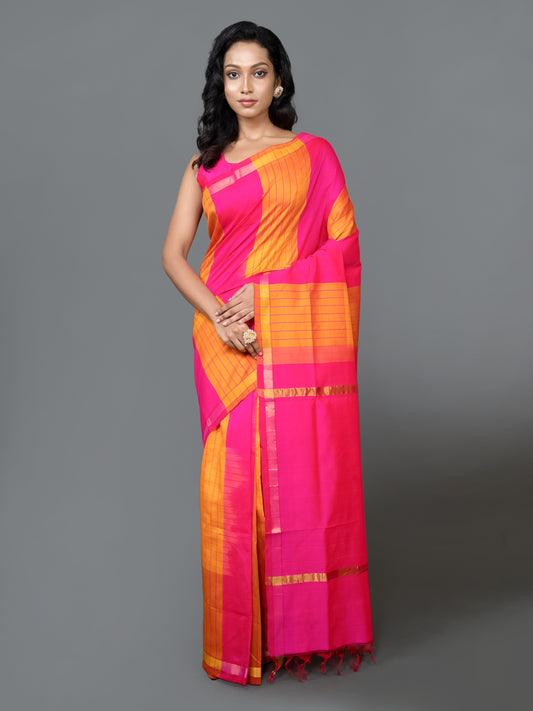 Pink and Yellow Kanchi Silk Cotton Saree