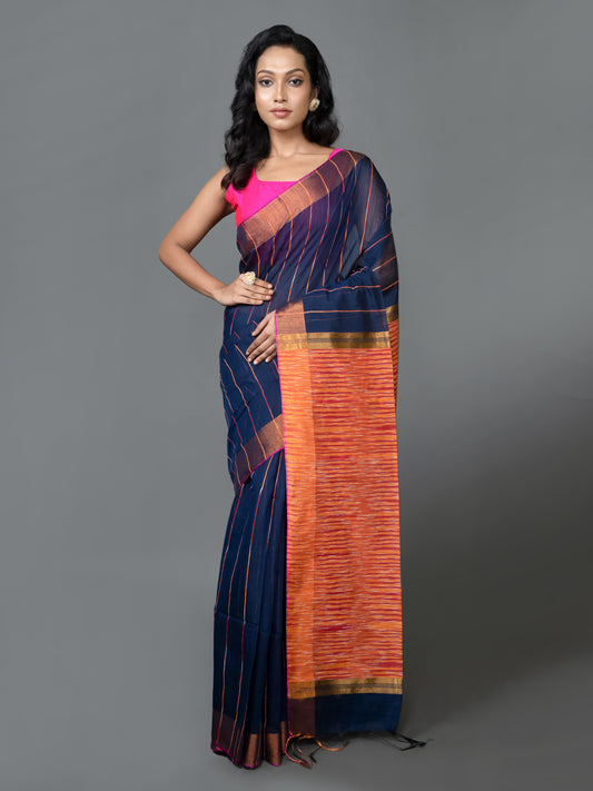 Navy Blue and Orange Silk Cotton Saree