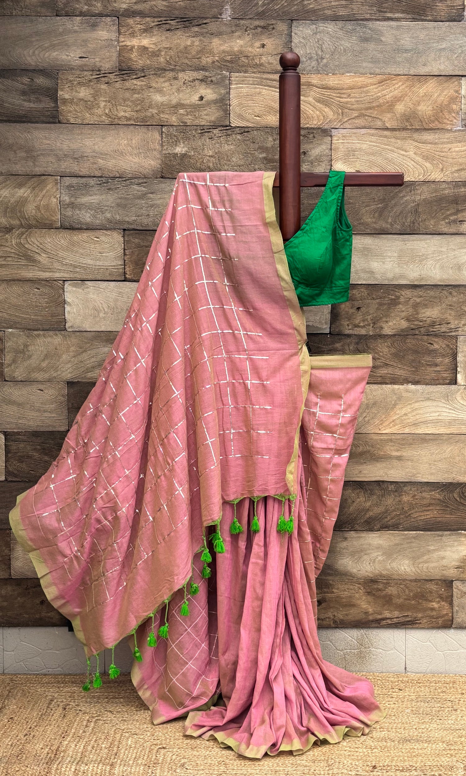 Pink Cotton Sequins  Saree