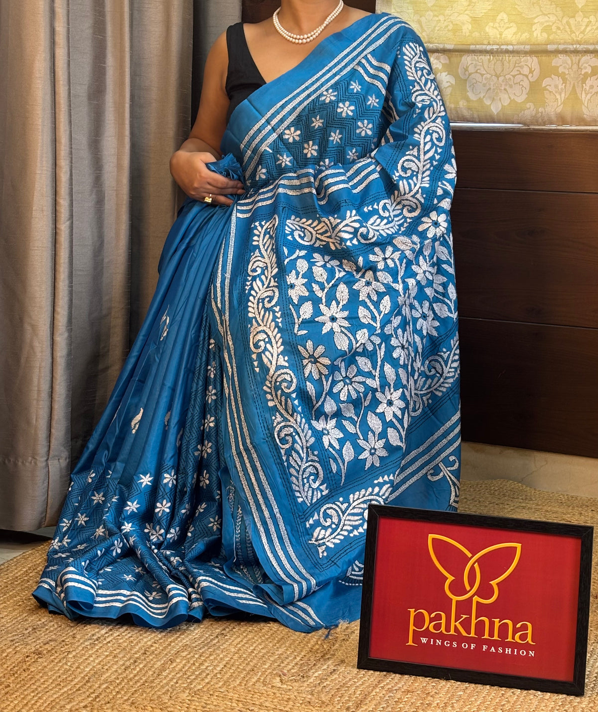 Blue hand Kantha work Saree