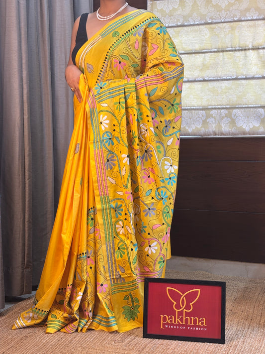 Yellow Kantha Stitch Saree  on Blended Bangalore silk