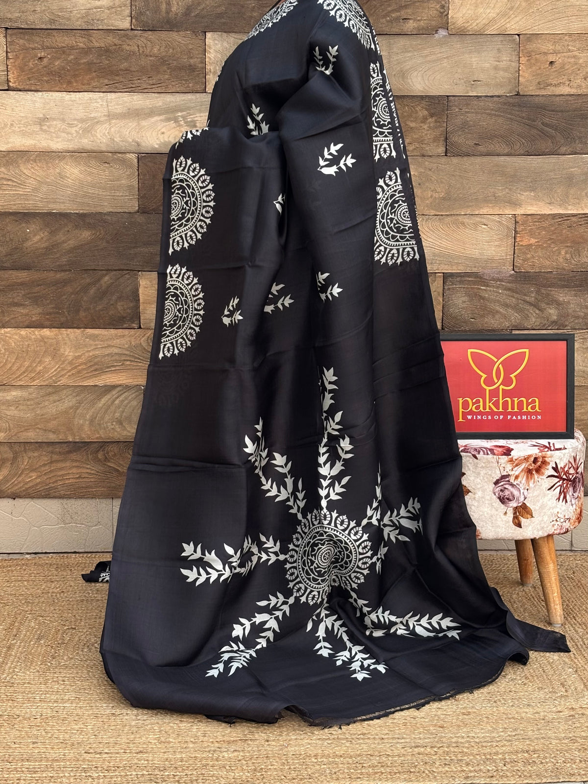 Black Pure Silk Handblock Printed  Saree