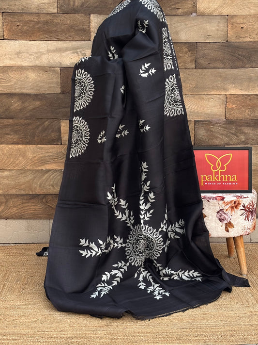 Black Pure Silk Handblock Printed  Saree