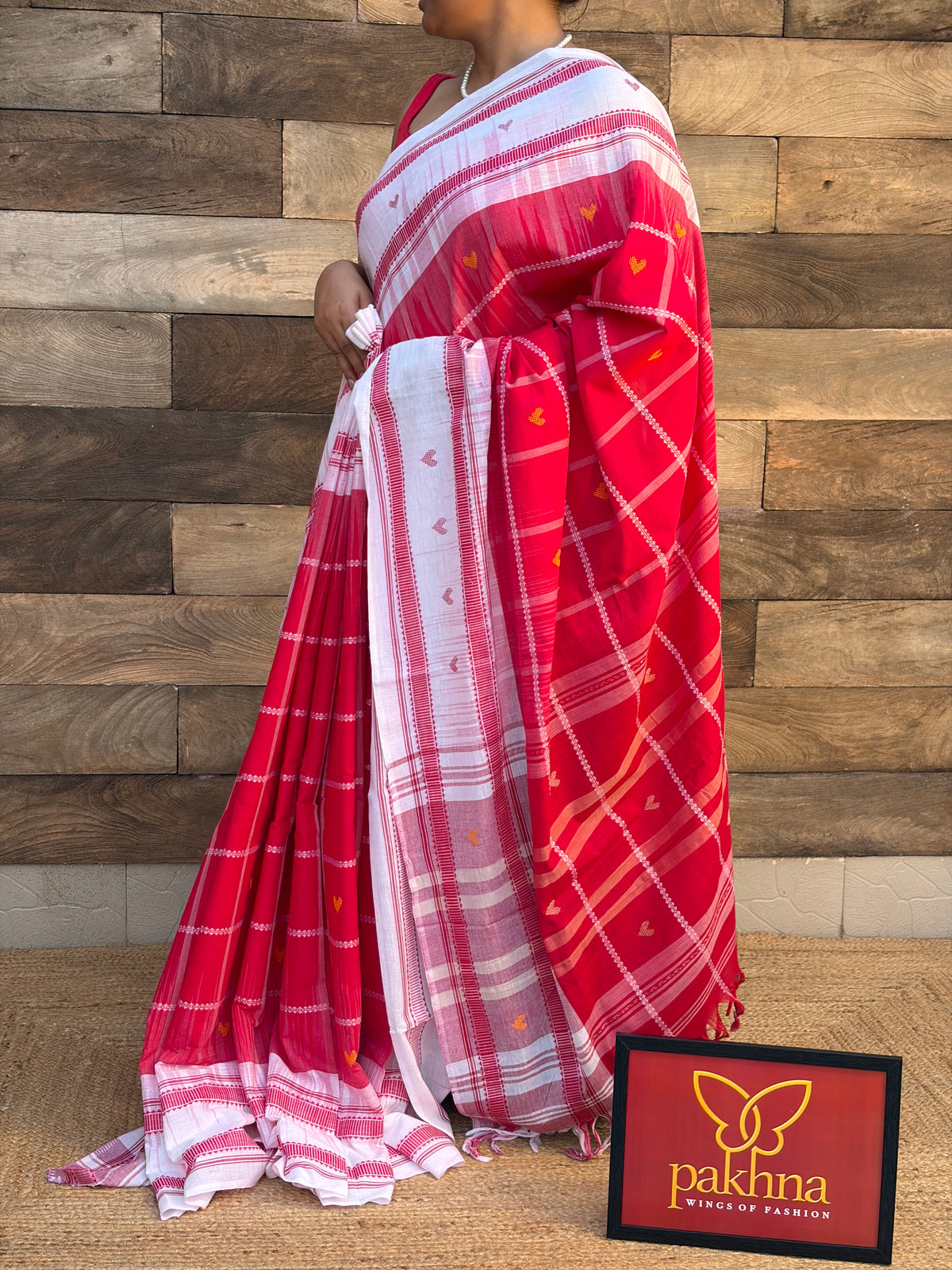Red & White Pure Cotton Hand  Wooven Dhonekhali Saree