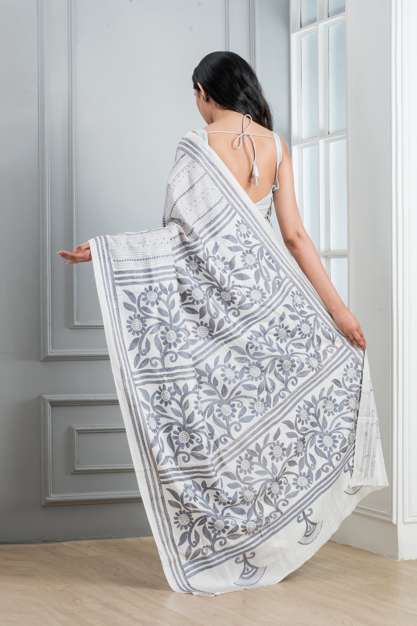 White Hand Kantha Stitch saree