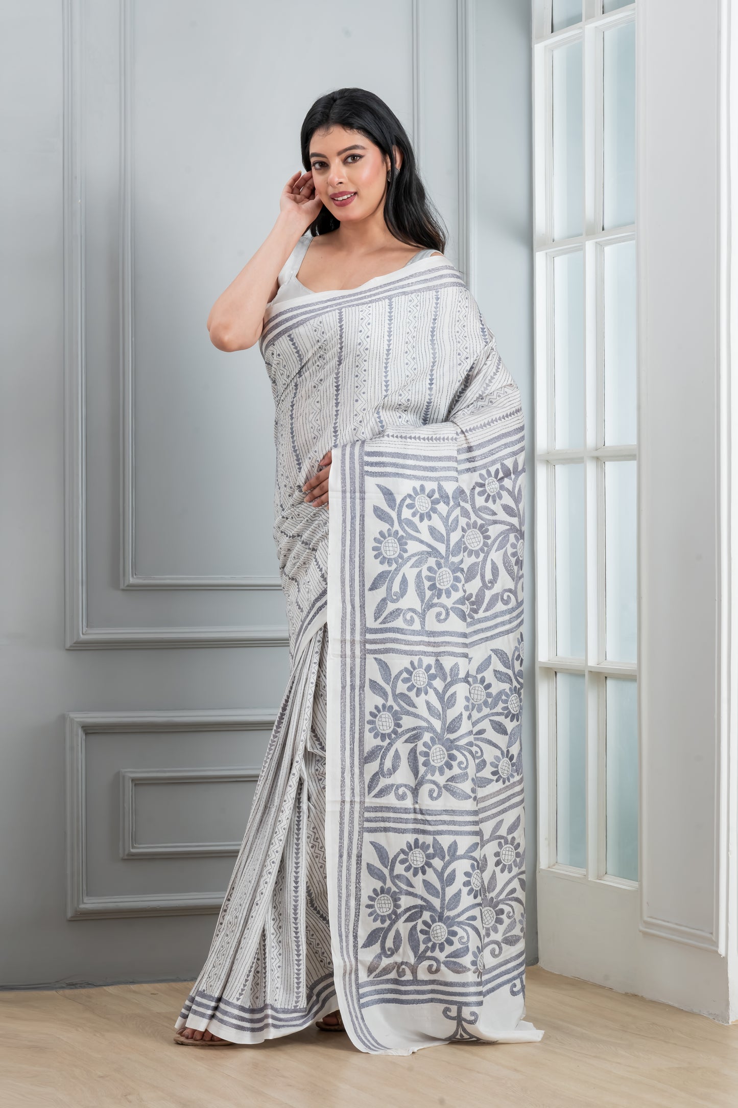 White Hand Kantha Stitch saree