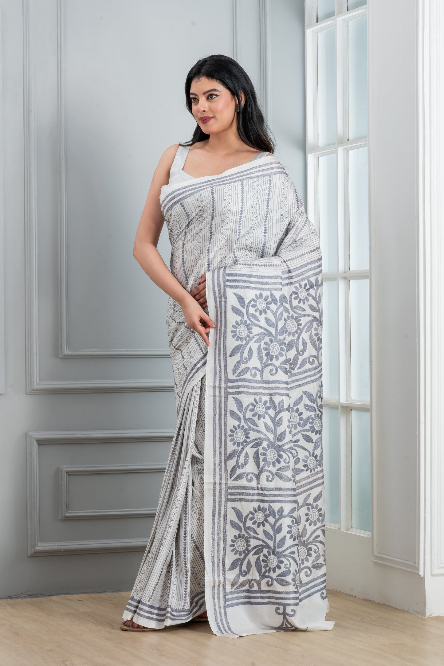 White Hand Kantha Stitch saree