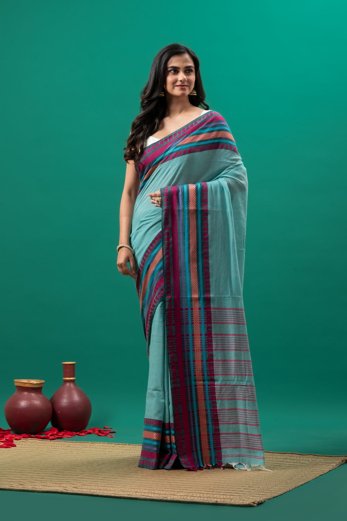 Blueish  Green  Pure Cotton Handwoven Saree