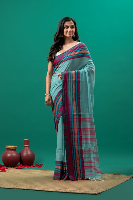 Blueish  Green  Pure Cotton Handwoven Saree
