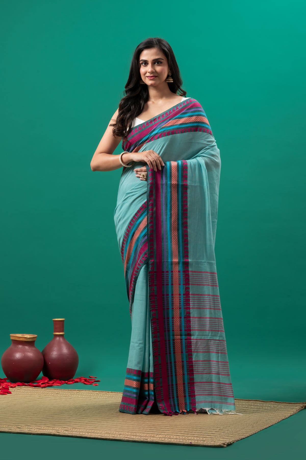 Blueish  Green  Pure Cotton Handwoven Saree