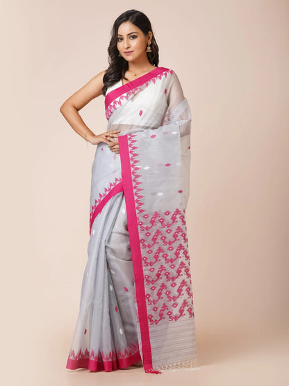 Grey & Pink Bengal Muslin Jamdani Saree