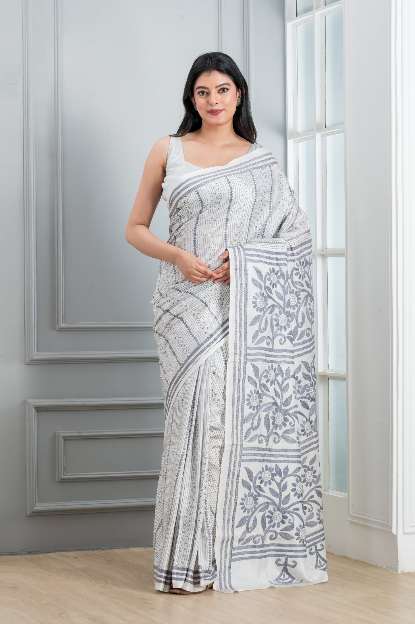 White Hand Kantha Stitch saree