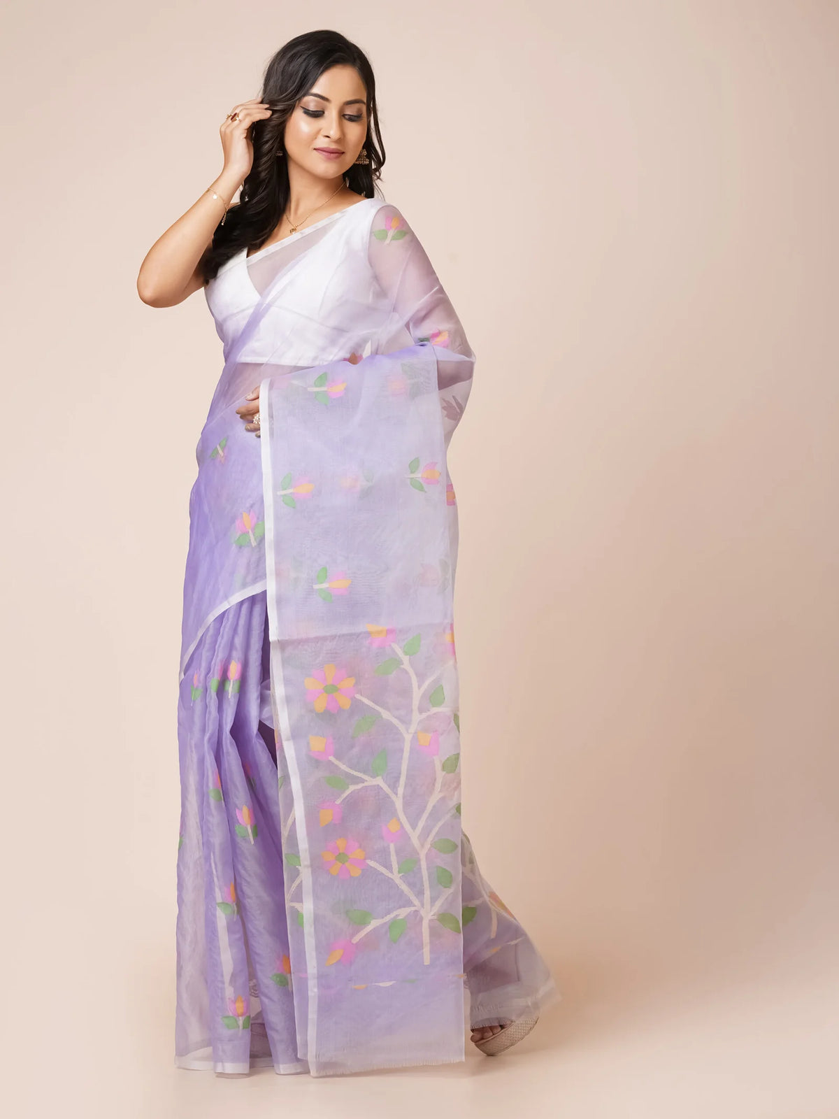 light violet muslin jamdani saree pure handloom