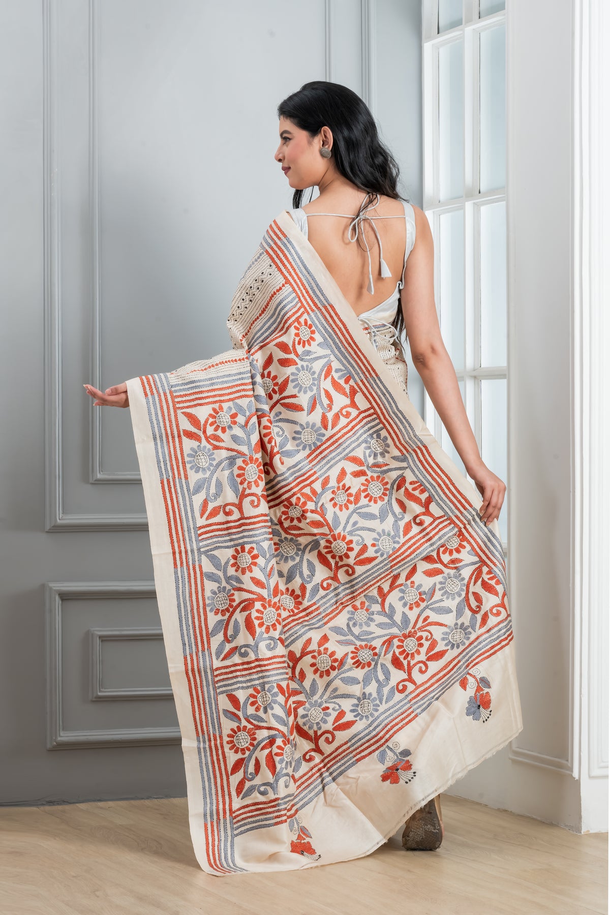 White Kantha Stitch  Saree with on tussar Saree