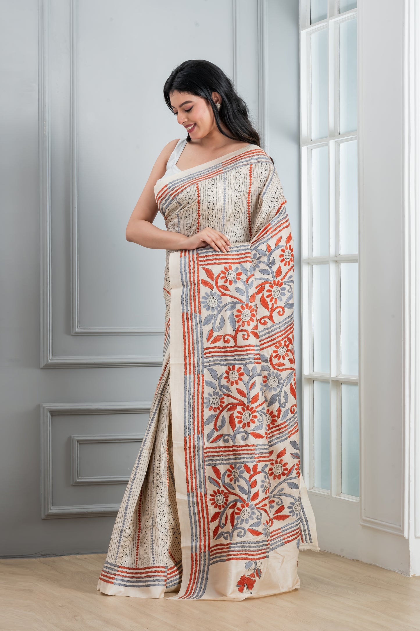 White Kantha Stitch  Saree with on tussar Saree