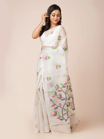 LOTUS DEW HANDWOVEN BENGAL MUSLIN JAMDANI SAREE