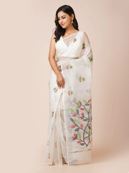 LOTUS DEW HANDWOVEN BENGAL MUSLIN JAMDANI SAREE