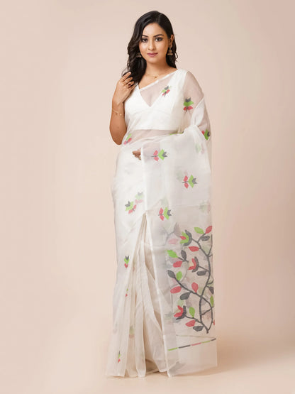 LOTUS DEW HANDWOVEN BENGAL MUSLIN JAMDANI SAREE