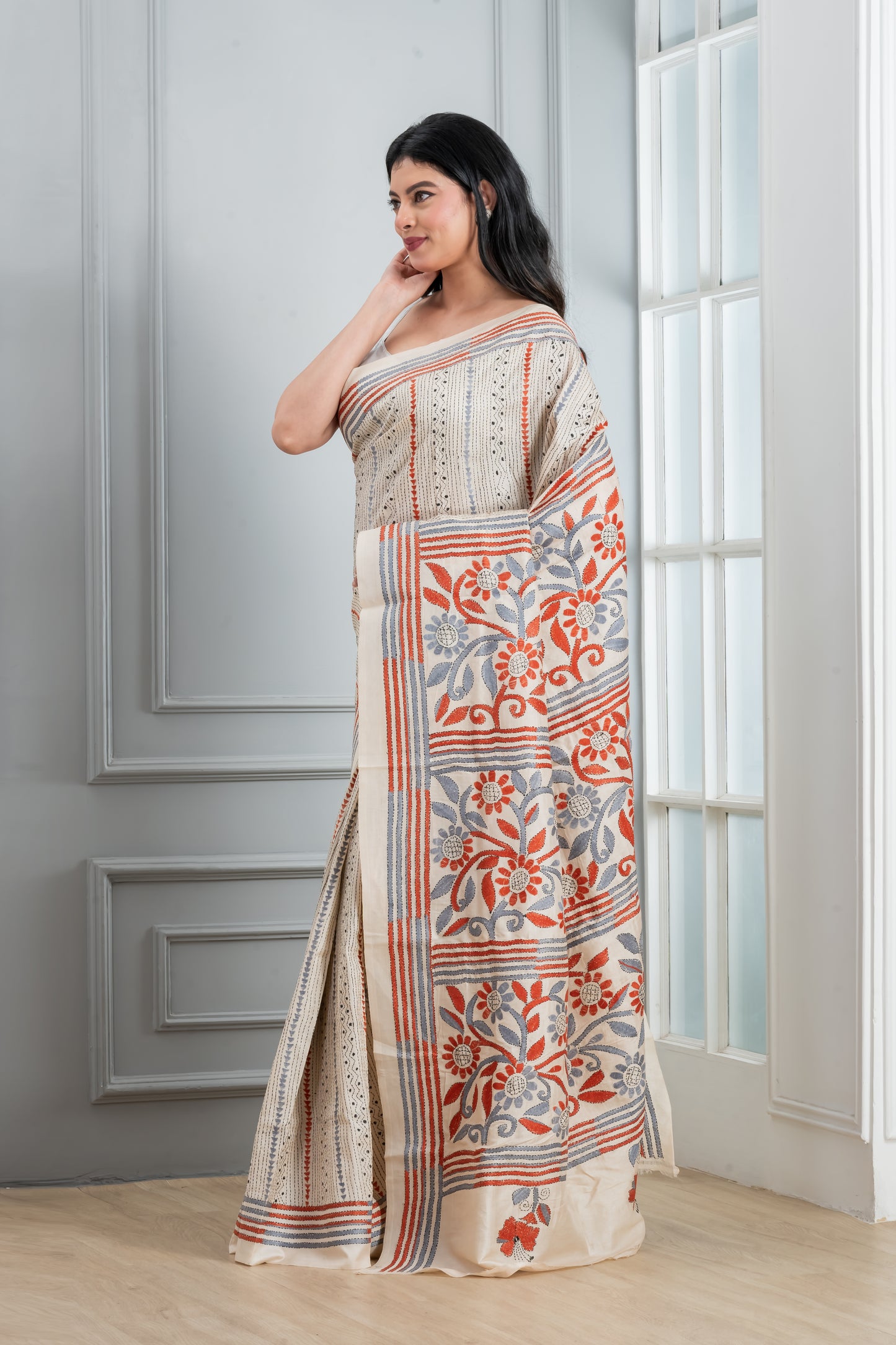 White Kantha Stitch  Saree with on tussar Saree