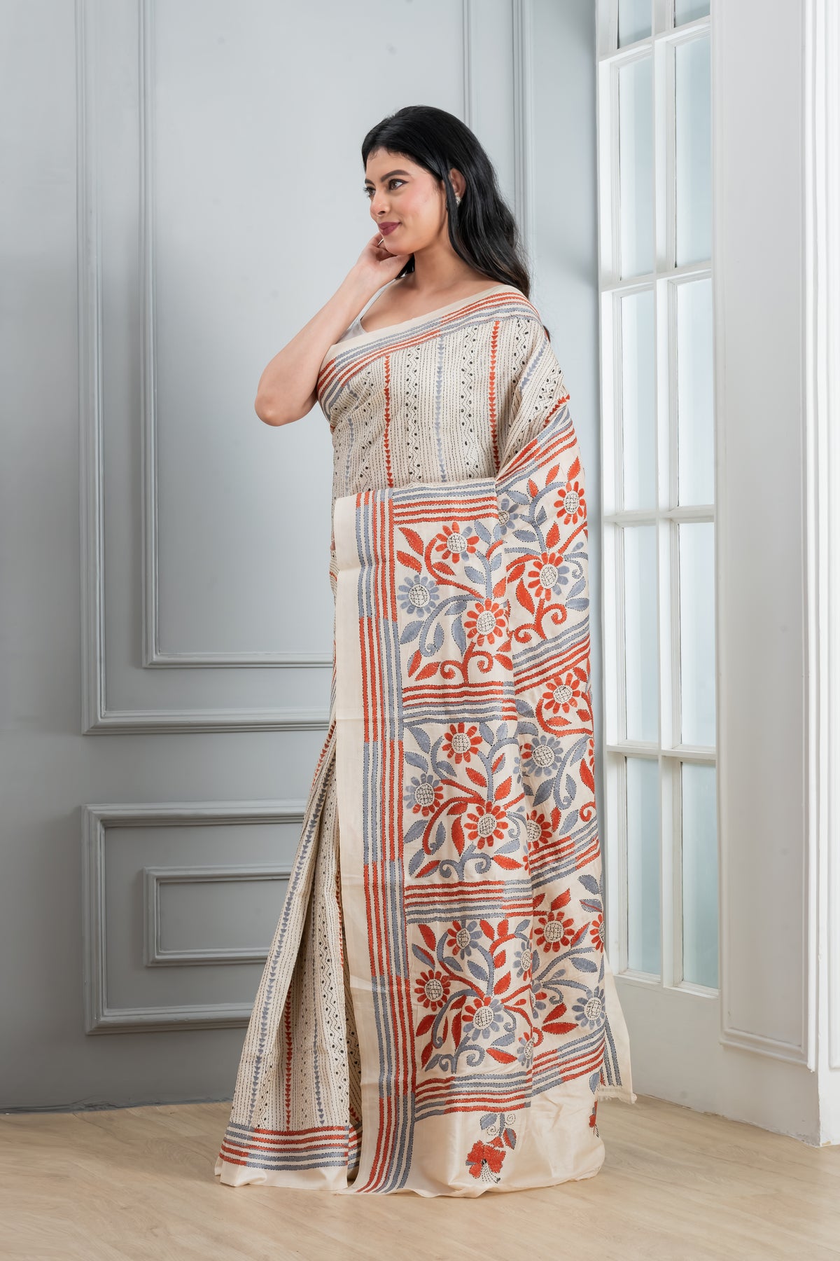 White Kantha Stitch  Saree with on tussar Saree